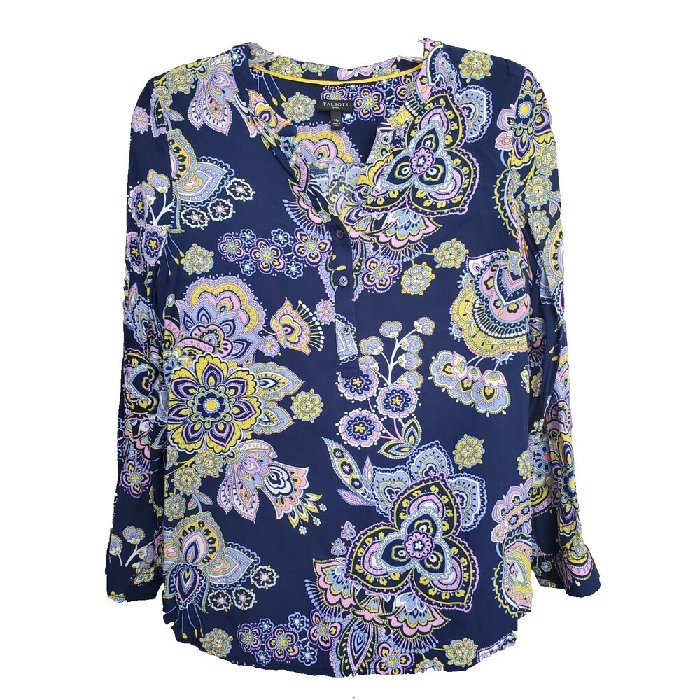 Talbots Petites Rayon Paisley Henley Neck Popover Top Size MP